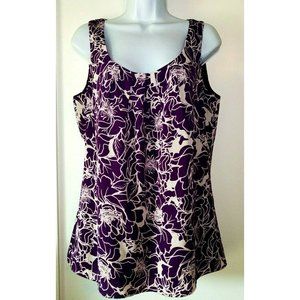 BANANA REPUBLIC- Medium Purple & Ivory Floral Lined Blouse w/Gathered Scoop Neck